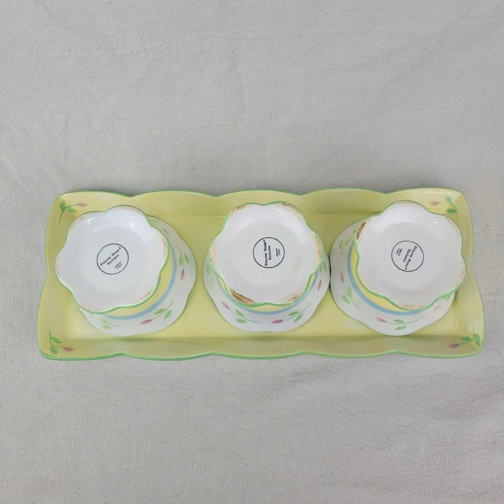 Princess House Exclusive Floral Ceramic Tray and 3 Pot Bowl Set Yellow Tulip